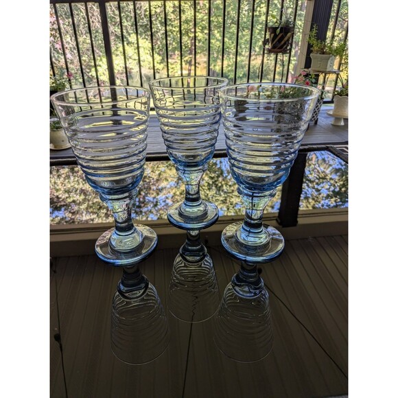 VTG Sirrus Blue Libbey Celestial Beehive Ribbed 12 oz Wine Glass Goblets Setof 3 - Picture 7 of 8